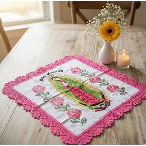 Reyna De México Embroidered Tablecloth With Pink Crochet Lace Border Virgin XL